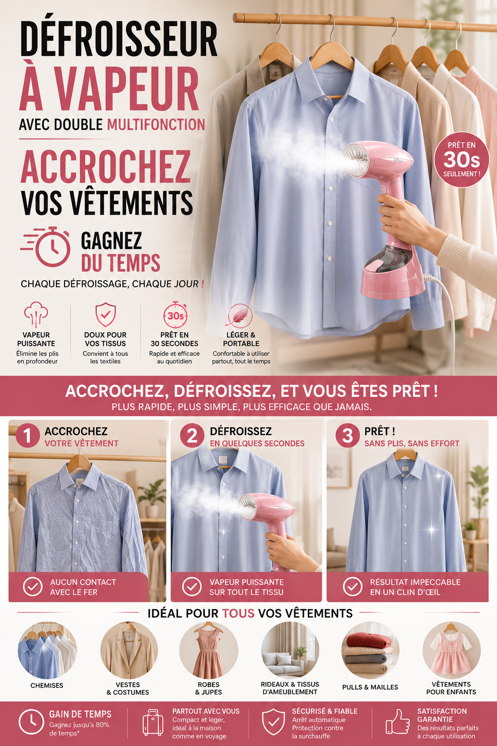DÉFROISSEUR À VAPEUR AVEC DOUBLE MULTIFONCTION .