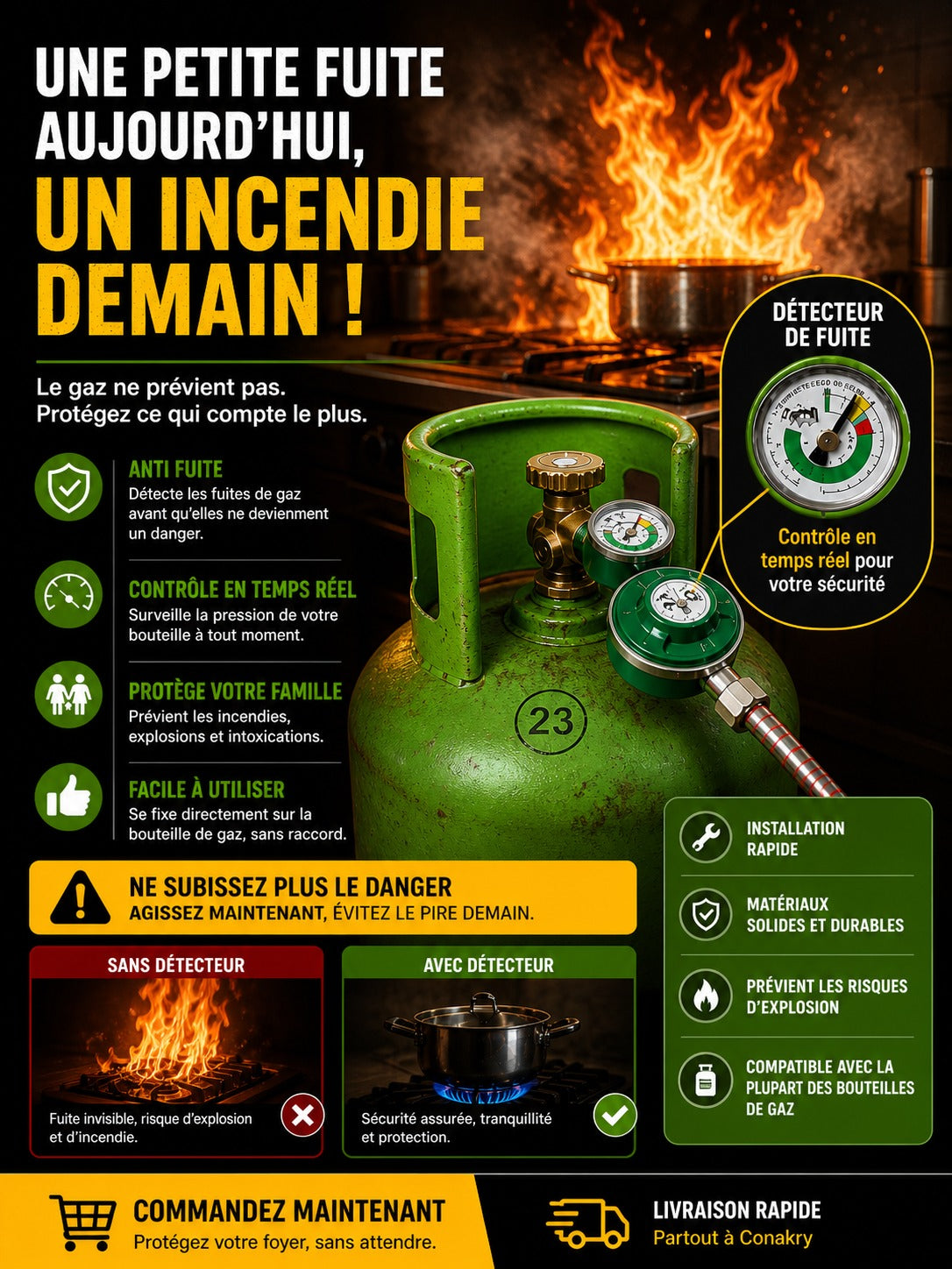 Détendeur de Gaz Anti-Fuite avec Manomètre